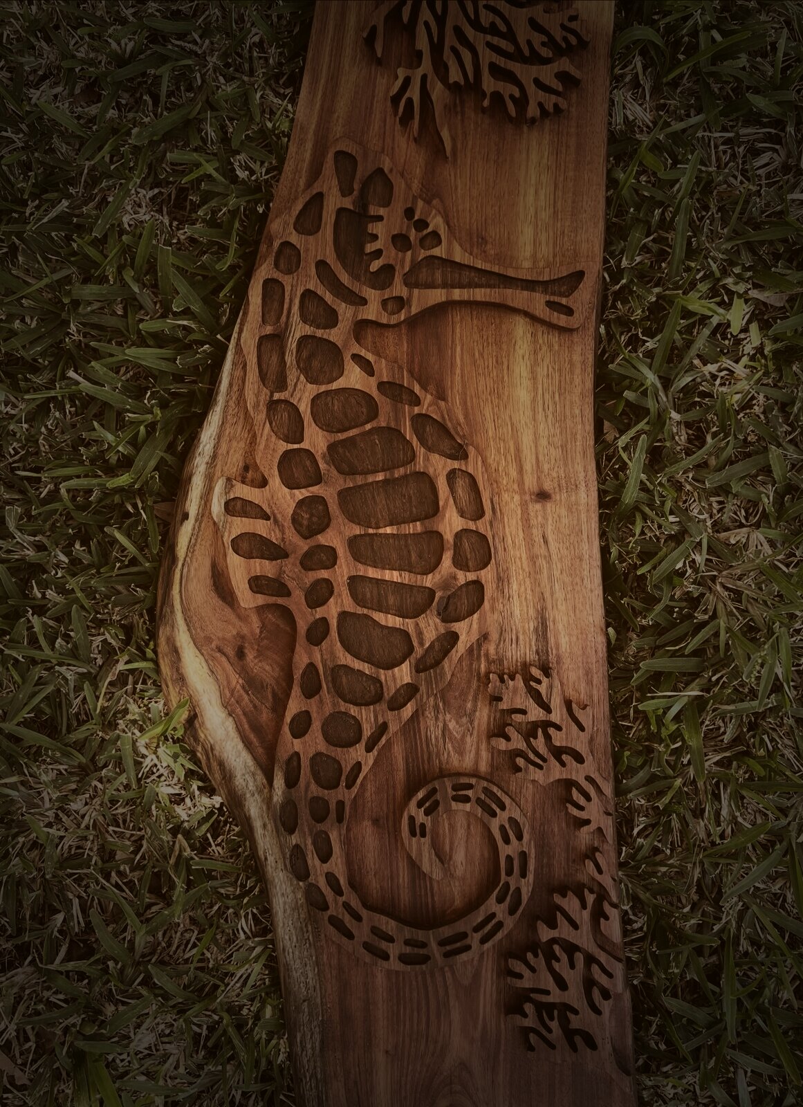 Hippocampe — Planche live edge, gravure sur bois par Tony Grandin